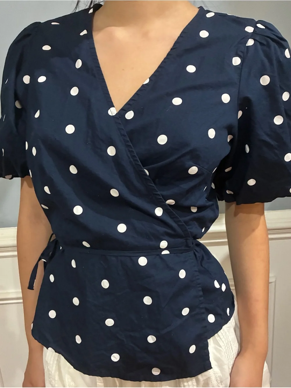Old Navy Navy and White Polka Dot Wrap Blouse